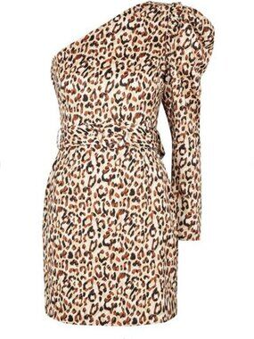 Lavish Alice Leopard Print One Shoulder Satin Mini Dress Size 12 NWOT